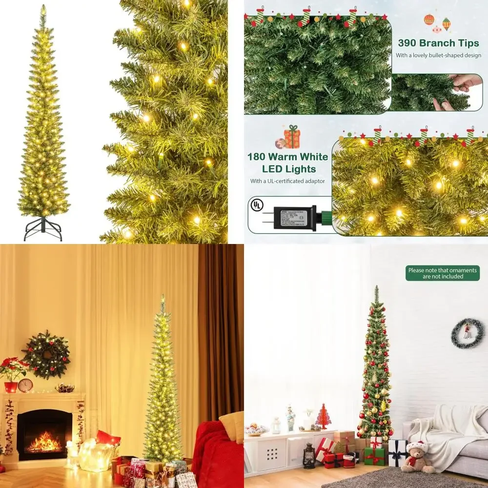 Artificial Pencil Christmas Tree 6 Feet Tall with 390 Branch Tips, 180 Warm White LED Lights, Foldable Metallic Base for Festive
Artificial Pencil Christmas Tree 6 Feet Tall with 390 Branch Tips, 180 Warm White LED Lights, Foldable Metallic Base for Festive
