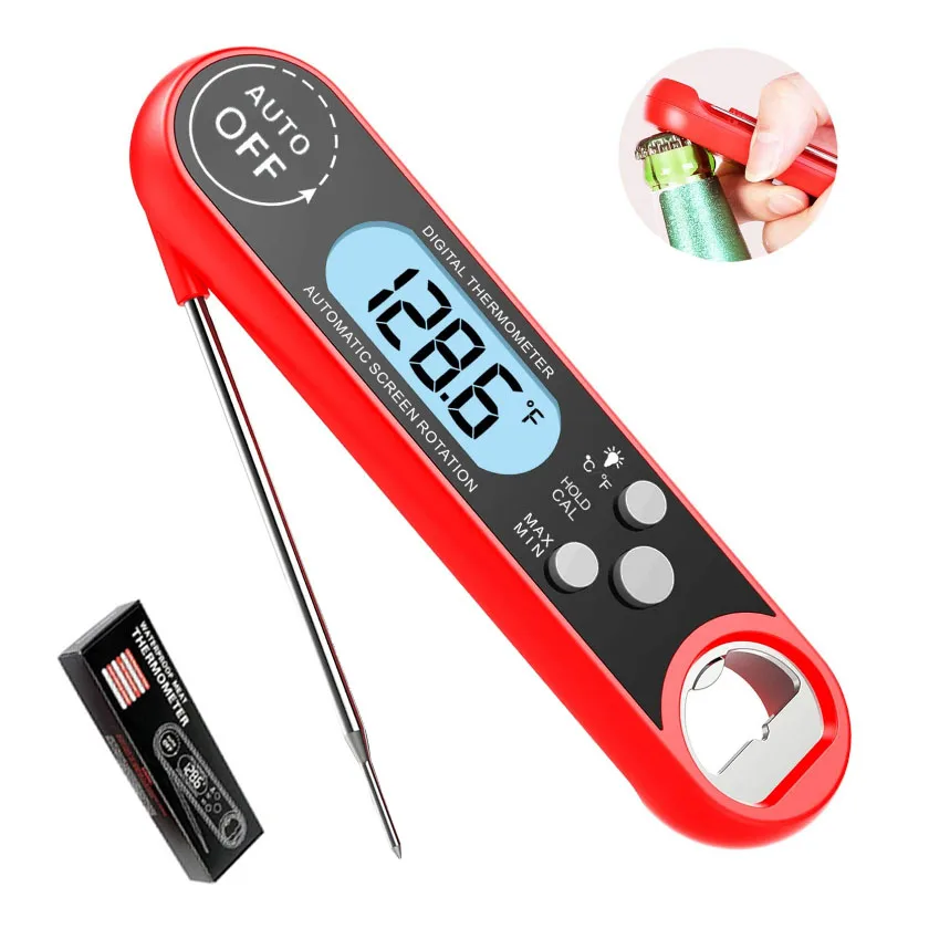 Waterproof digital meat thermometer with backlit self-adjusting display and BBQ milk opener
Waterproof digital meat thermometer with backlit self-adjusting display and BBQ milk opener