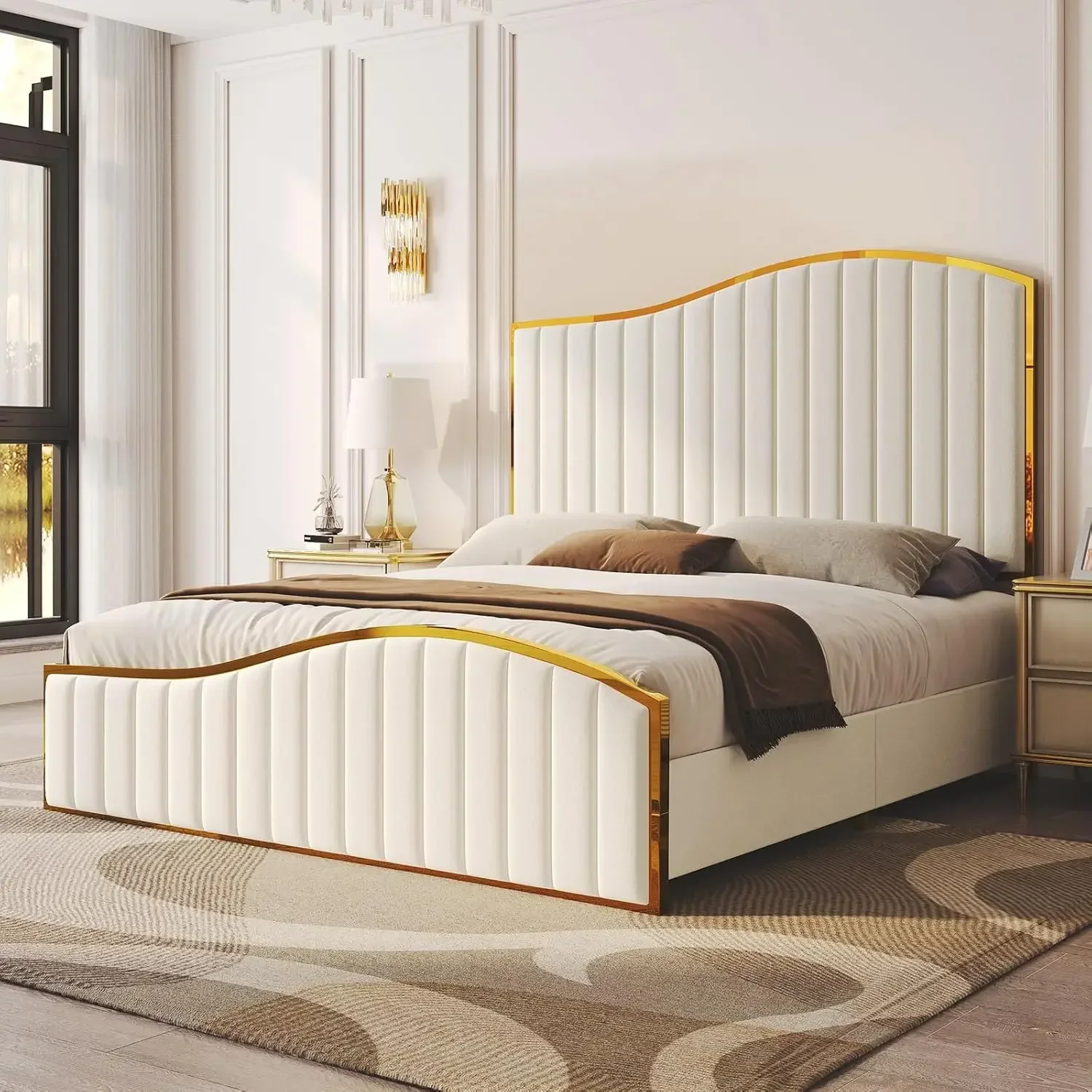 61.4" High Headboard Platform Bed Velvet Upholstered with Gold Trim & Footboard/Wooden Slats
61.4" High Headboard Platform Bed Velvet Upholstered with Gold Trim & Footboard/Wooden Slats
