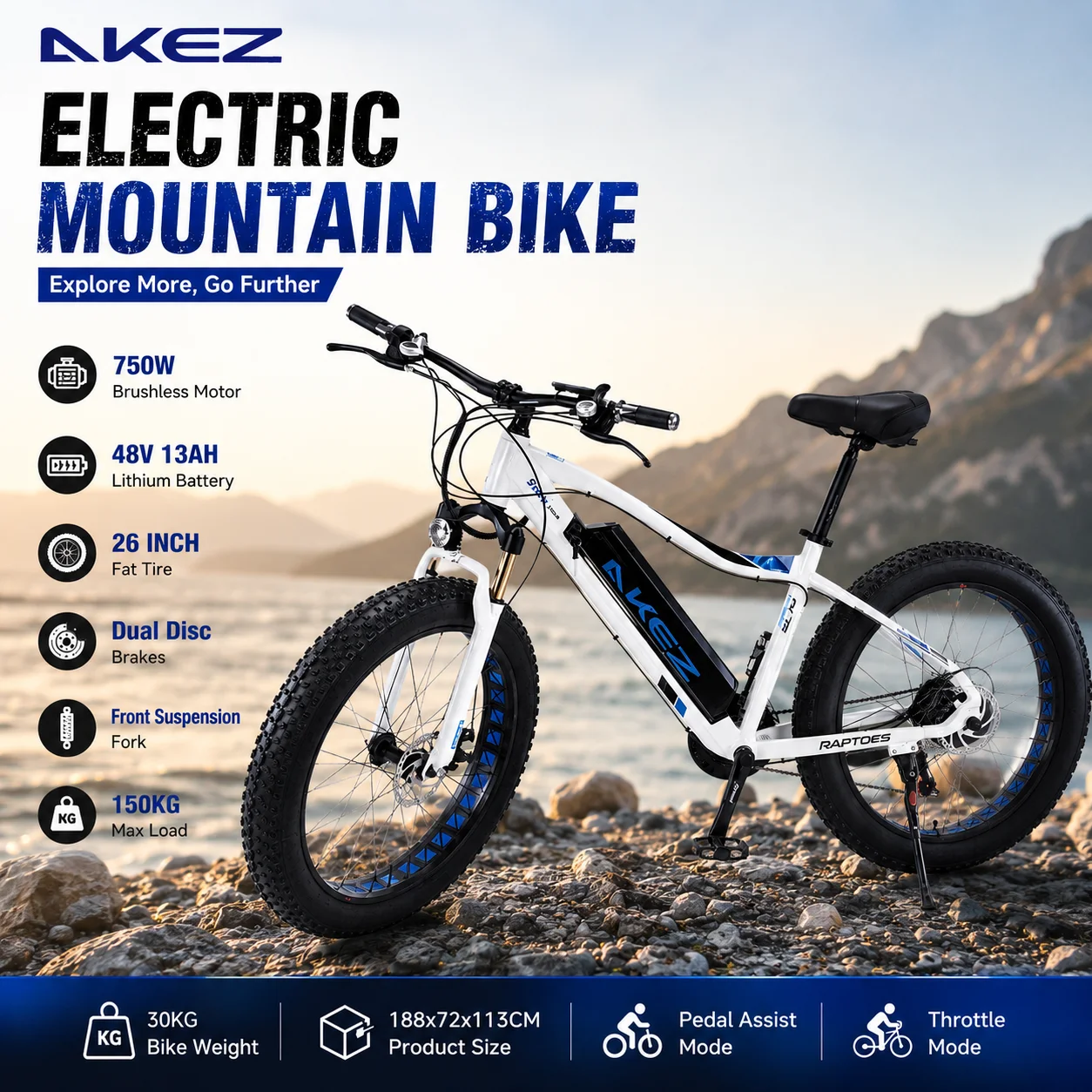 AKEZ 26” Electric Mountain Bicycle 750W Motor 48V 13Ah Battery Aluminum Alloy Frame Dual Disc Brakes Fat Tire Bike
AKEZ 26” Electric Mountain Bicycle 750W Motor 48V 13Ah Battery Aluminum Alloy Frame Dual Disc Brakes Fat Tire Bike