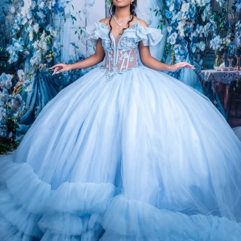 Голубые платья Quinceanera по индивидуальному заказу с открытыми плечами и кристаллами, кружево с многослойным цветком и длинным хвостом, Vestido 15, Quinceanera
Голубые платья Quinceanera по индивидуальному заказу с открытыми плечами и кристаллами, кружево с многослойным цветком и длинным хвостом, Vestido 15, Quinceanera