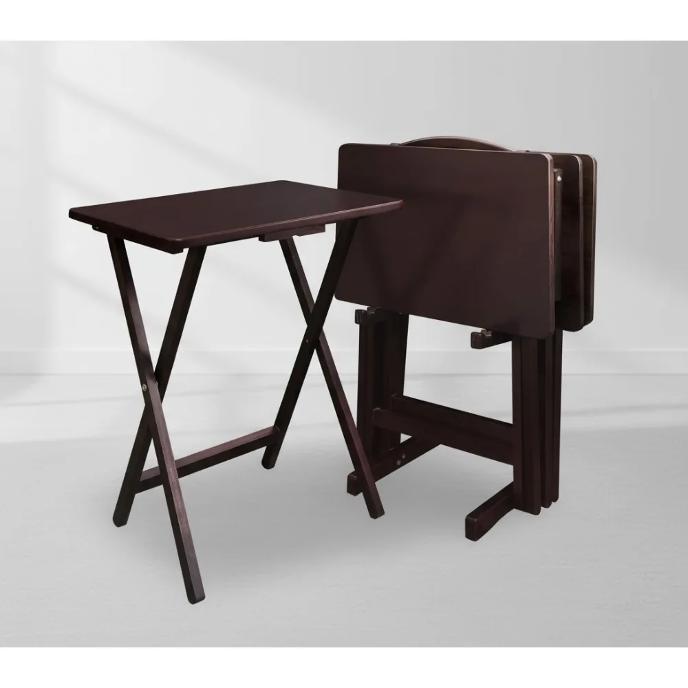 5-Piece Folding Tray Table Set with Storage Stand - Espresso Wood, Portable for Living Room & Parties
5-Piece Folding Tray Table Set with Storage Stand - Espresso Wood, Portable for Living Room & Parties