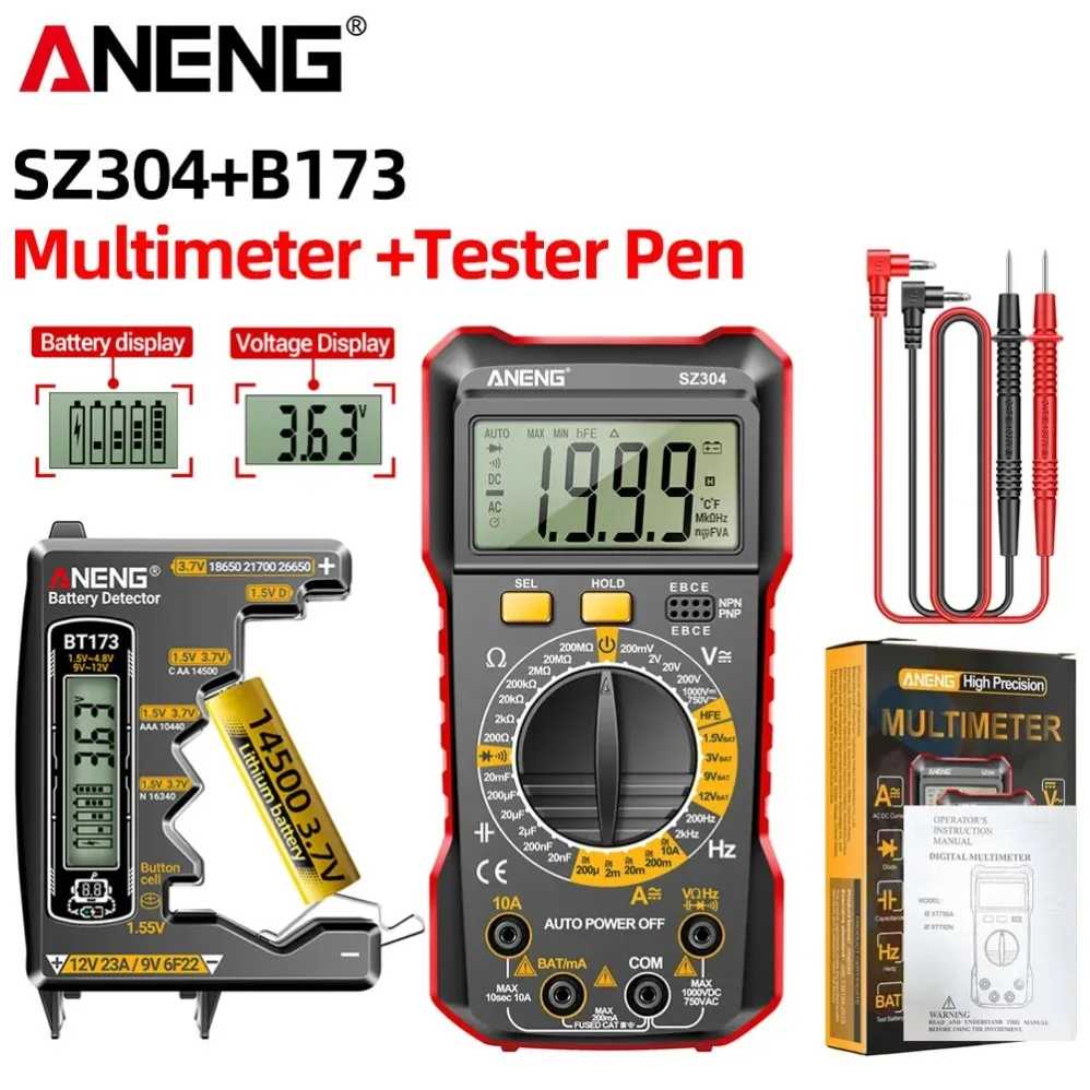 Digital Multimeter SZ304+BT173 Portable Digital Battery TesterAC/DC Votage Resistance Capacitance Detection Electrician Tools
Digital Multimeter SZ304+BT173 Portable Digital Battery TesterAC/DC Votage Resistance Capacitance Detection Electrician Tools