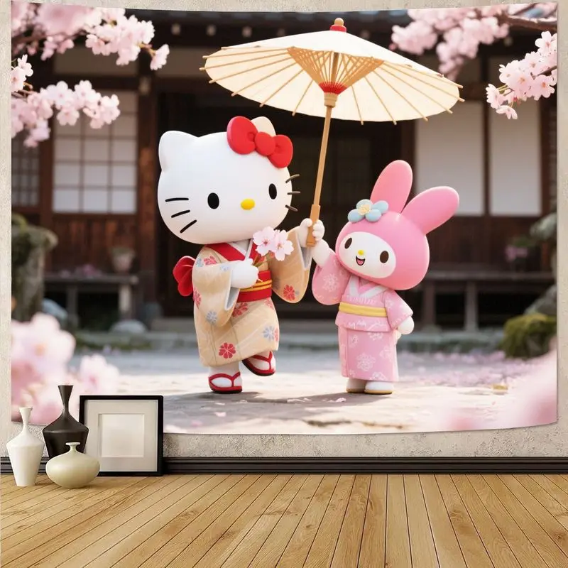 Кавайный гобелен с кимоно Hello Kitty & My Melody, японское настенное искусство с цветком сакуры, полиэстеровый декор для спальни, гостиной
Кавайный гобелен с кимоно Hello Kitty & My Melody, японское настенное искусство с цветком сакуры, полиэстеровый декор для спальни, гостиной