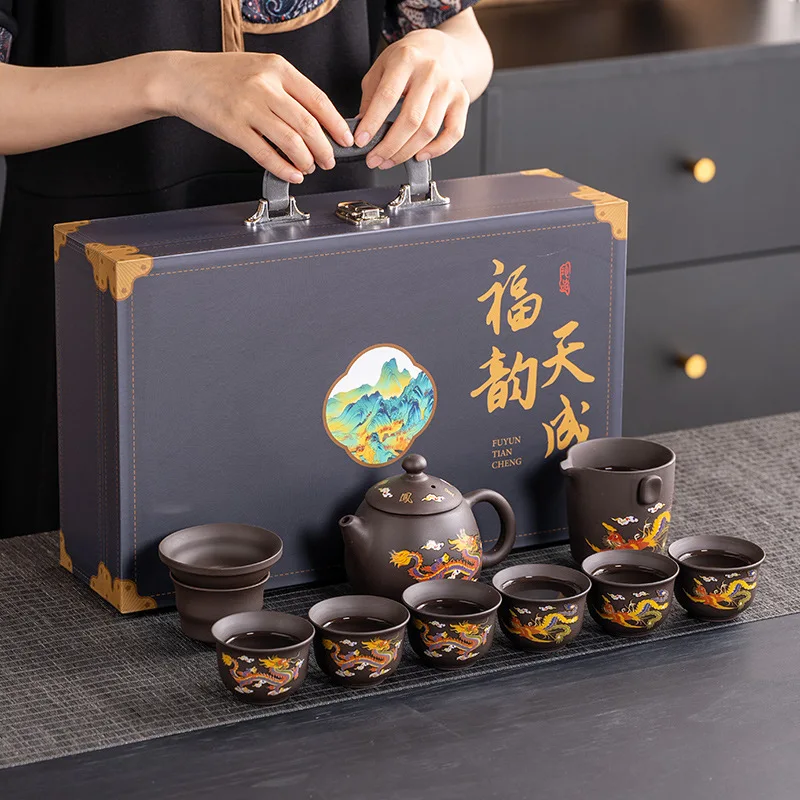 Purple Clay Tea Set with Dragon Phoenix Color-change Design, Complete Kit Packed in Gift Box for Daily Use and Presents
Purple Clay Tea Set with Dragon Phoenix Color-change Design, Complete Kit Packed in Gift Box for Daily Use and Presents
