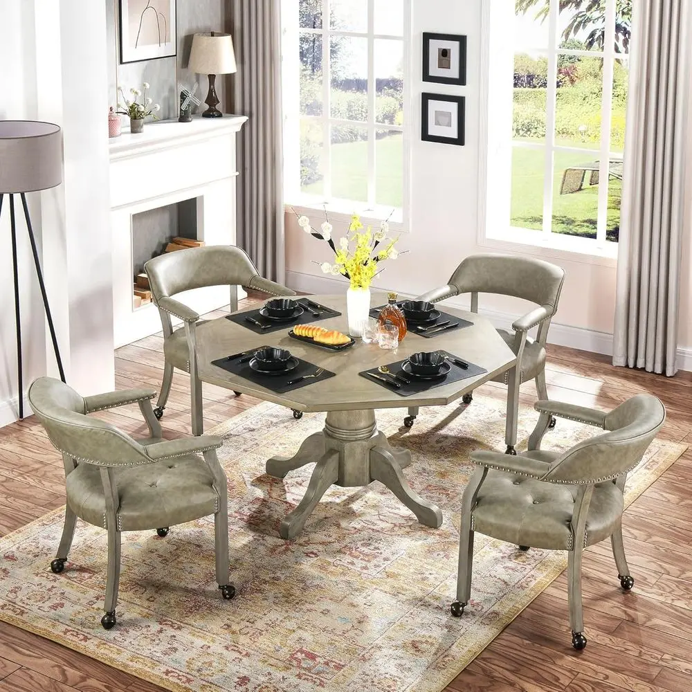 4-Piece Dining Chair Set with Casters, Leather Accent Chairs on Wheels, Wooden Roller Chairs, Antique Grey (No Table)
4-Piece Dining Chair Set with Casters, Leather Accent Chairs on Wheels, Wooden Roller Chairs, Antique Grey (No Table)