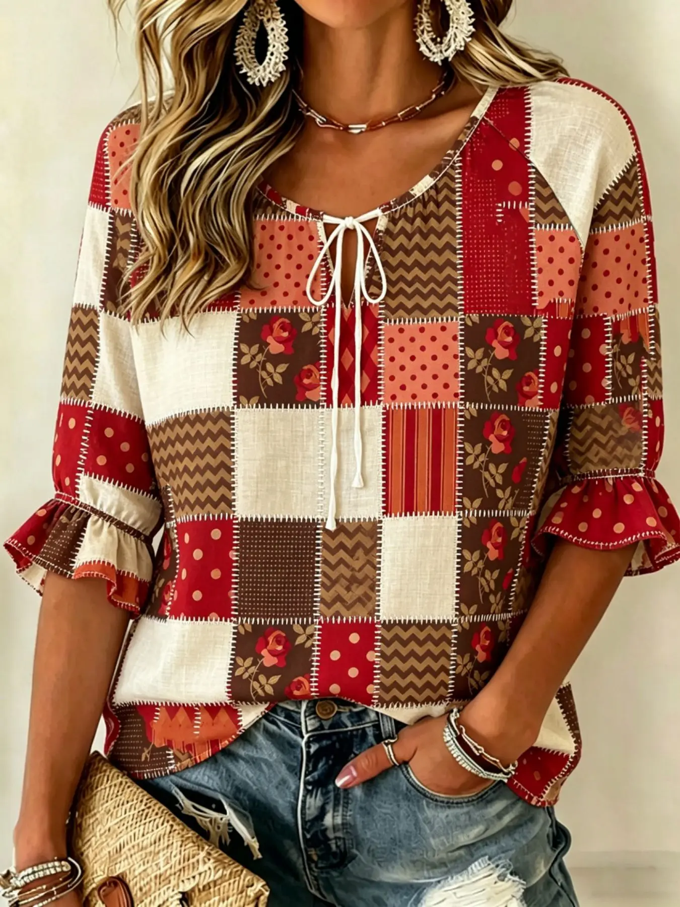 Women's Patchwork Print Tie Neck Blouse, Casual Loose Tops for Spring Summer Daily Wear & Vacation Occasions
Women's Patchwork Print Tie Neck Blouse, Casual Loose Tops for Spring Summer Daily Wear & Vacation Occasions