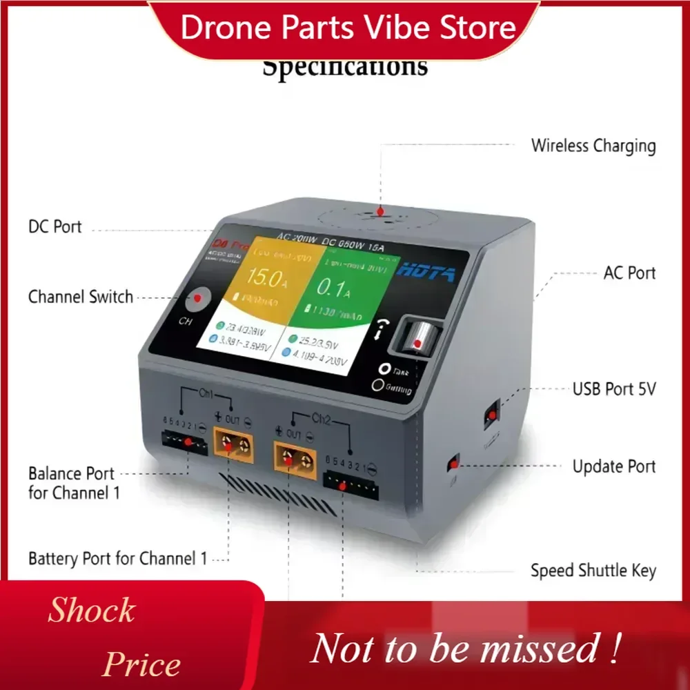 DP HOTA D6 Pro Charger - AC 200W DC 650W 15A, 2X325W 2X15A, Wireless Charging for 1-6S Lipo/LiHV/NiCd/NiMH & RC Models
DP HOTA D6 Pro Charger - AC 200W DC 650W 15A, 2X325W 2X15A, Wireless Charging for 1-6S Lipo/LiHV/NiCd/NiMH & RC Models