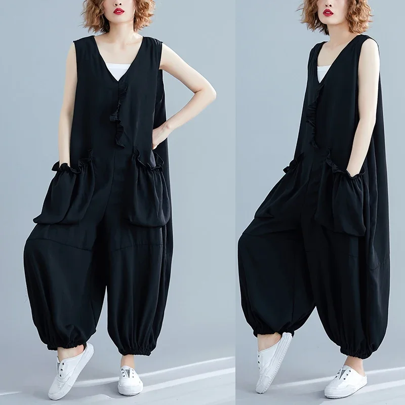 Black 3D Pocket V-neck One-piece Summer New Sleeveless plus Size Slimming Wooden Trim Splicing Lantern Pants Casual Pants JJ31
Black 3D Pocket V-neck One-piece Summer New Sleeveless plus Size Slimming Wooden Trim Splicing Lantern Pants Casual Pants JJ31
