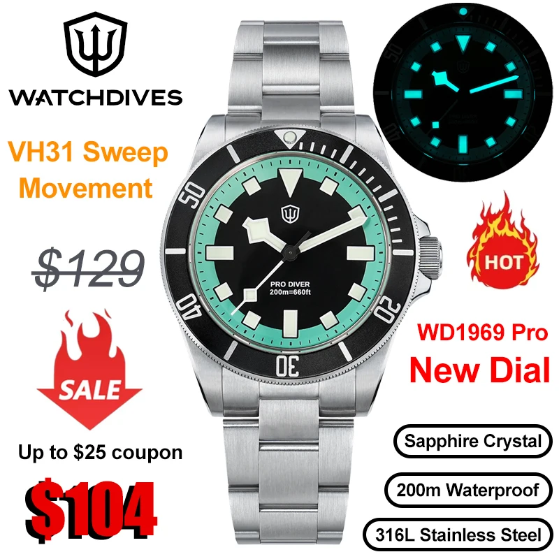 Watchdives WD1969 Pro Quartz Watches New Dial VH31 Sweep Seconds Movement 200m Waterproof Men Watches Luminous Luxury Watches
Watchdives WD1969 Pro Quartz Watches New Dial VH31 Sweep Seconds Movement 200m Waterproof Men Watches Luminous Luxury Watches