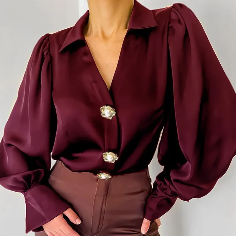 Streetwear Chic Lantern Sleeve Women's Shirt Fashion Chic Solid Color Turn-Down Collar V-neck Single-breasted Satin T-Shirts
Streetwear Chic Lantern Sleeve Women's Shirt Fashion Chic Solid Color Turn-Down Collar V-neck Single-breasted Satin T-Shirts