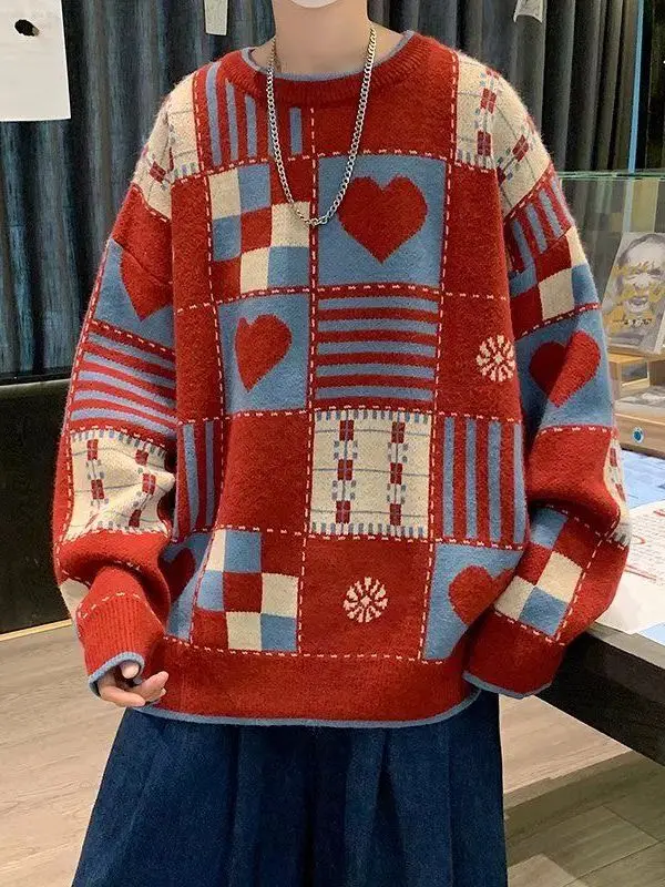 Retro American Plaid Heart Ins Versatile Sweater Red Autumn Winter Lazy Couples Student Knitted Coat Casual Loose Fit
Retro American Plaid Heart Ins Versatile Sweater Red Autumn Winter Lazy Couples Student Knitted Coat Casual Loose Fit