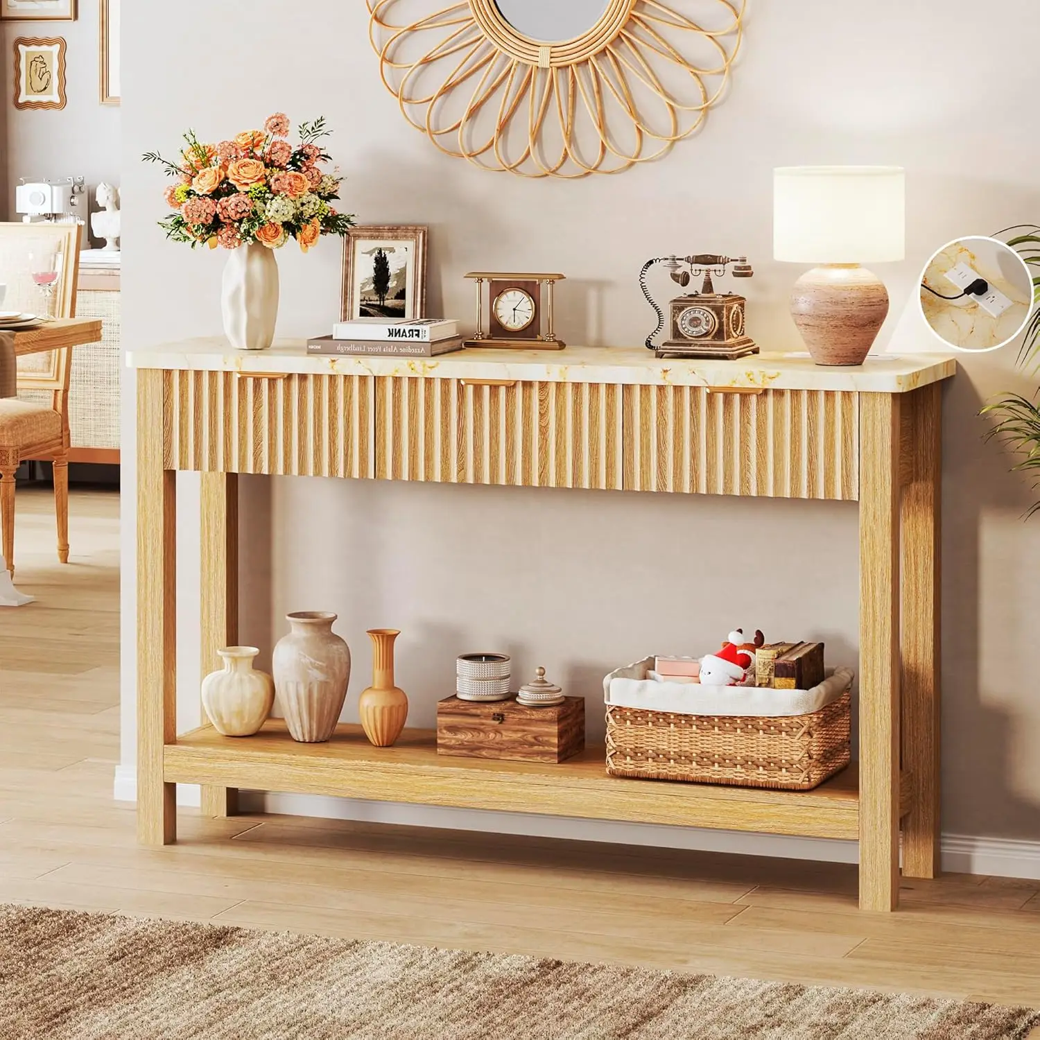 47.2" Fluted Console Table 3 Drawers Power Outlet Open Storage Entryway Hallway Living Room Oak, Customized
47.2" Fluted Console Table 3 Drawers Power Outlet Open Storage Entryway Hallway Living Room Oak, Customized