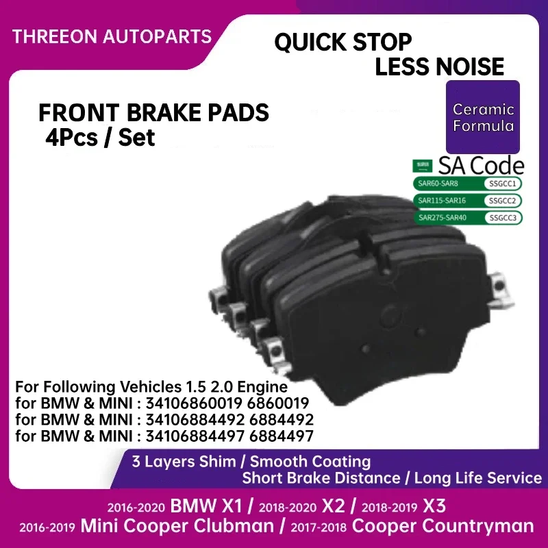 THREEON Front Brake Pads For 2016-2020 BMW X1 / 2018-2020 X2 / 2018-2019 X3 2016-2019 Mini Cooper Clubman / 2017-2018 Countryman
THREEON Front Brake Pads For 2016-2020 BMW X1 / 2018-2020 X2 / 2018-2019 X3 2016-2019 Mini Cooper Clubman / 2017-2018 Countryman