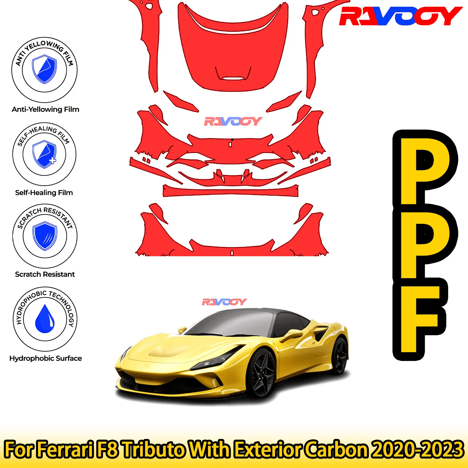Для Ferrari F8 Tributo с внешним карбоном 2020-2023, глянцевая матовая черная предварительно вырезанная передняя защитная пленка PPF Kit 
Для Ferrari F8 Tributo с внешним карбоном 2020-2023, глянцевая матовая черная предварительно вырезанная передняя защитная пленка PPF Kit