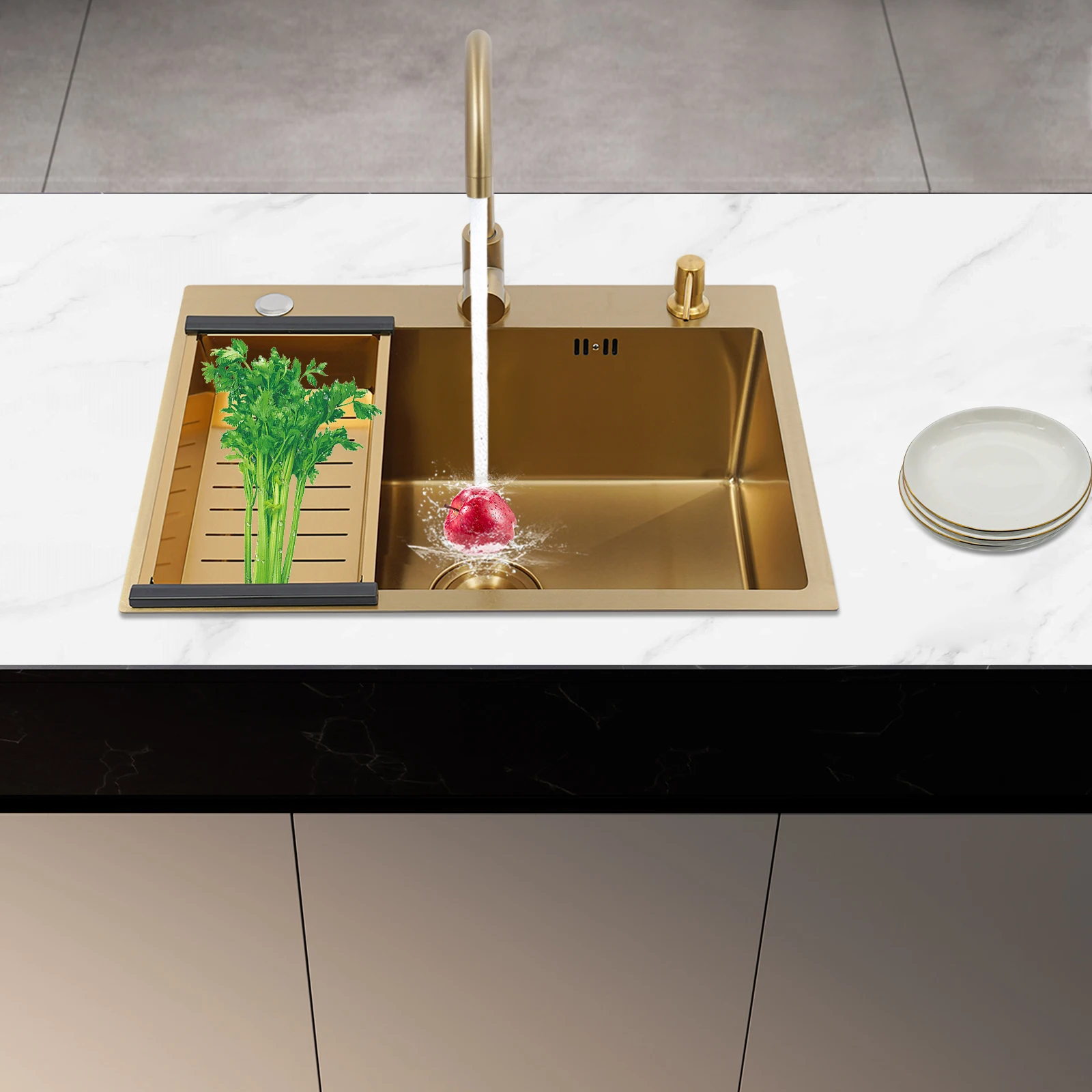 Прямоугольная раковина 60x45 см с дренажной корзиной, золотая кухонная раковина, кухонная раковина с одной раковиной
Прямоугольная раковина 60x45 см с дренажной корзиной, золотая кухонная раковина, кухонная раковина с одной раковиной