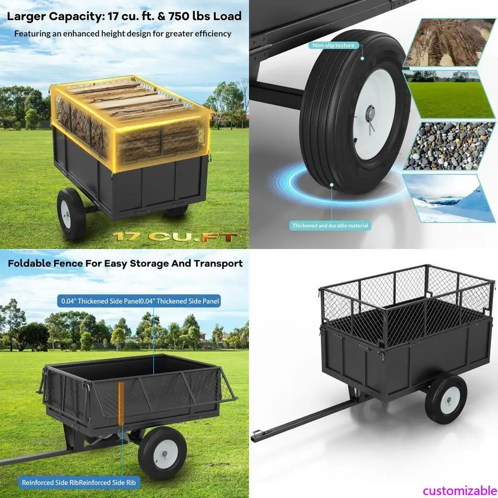 Сверхмощный стальной прицеп для квадроциклов/UTV емкостью 750 фунтов с универсальной тележкой на 15 кубических футов, съемными боками, универсальным сцеплением и ха
Сверхмощный стальной прицеп для квадроциклов/UTV емкостью 750 фунтов с универсальной тележкой на 15 кубических футов, съемными боками, универсальным сцеплением и ха