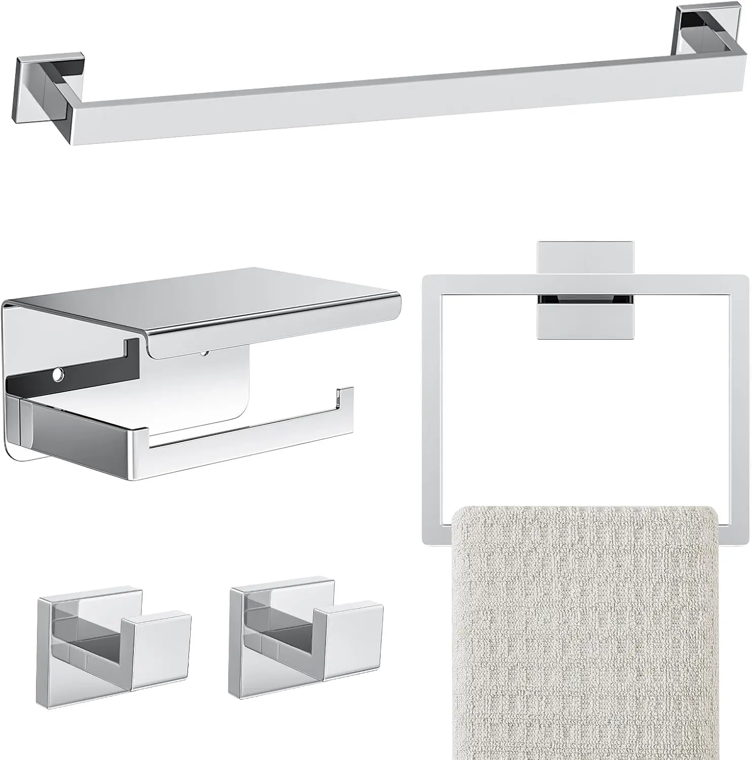 5-Piece Chrome Bathroom Hardware Set with Towel Bar, Ring, Paper Holder & Hooks - Stainless Steel & Rust-Resistant
5-Piece Chrome Bathroom Hardware Set with Towel Bar, Ring, Paper Holder & Hooks - Stainless Steel & Rust-Resistant