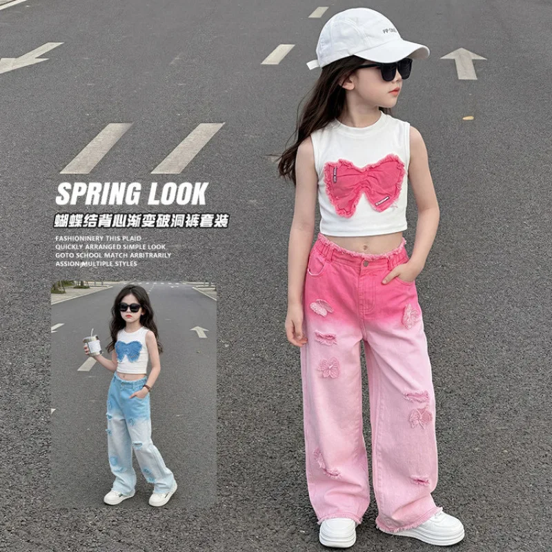 Kids Clothing Sets Teenager Girls Bow Crop Top+Hole Wide Leg Jeans with Butterfly 2Pcs Fashion Gradient Child Clothes Suits 4-14
Kids Clothing Sets Teenager Girls Bow Crop Top+Hole Wide Leg Jeans with Butterfly 2Pcs Fashion Gradient Child Clothes Suits 4-14