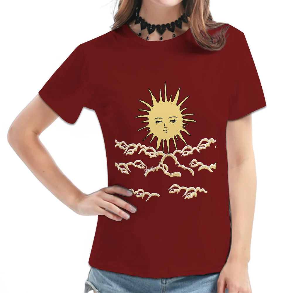 Women's Burgundy Short-Sleeve Tee - Sun & Clouds Graphic Print, Artistic Celestial Design Casual Top, Stylish Daily Wear
Women's Burgundy Short-Sleeve Tee - Sun & Clouds Graphic Print, Artistic Celestial Design Casual Top, Stylish Daily Wear