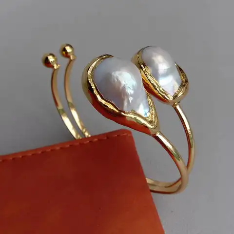 KKGEM 17x29mm Cultured White Baroque Pearl Gold Plated Bangle Bracelet