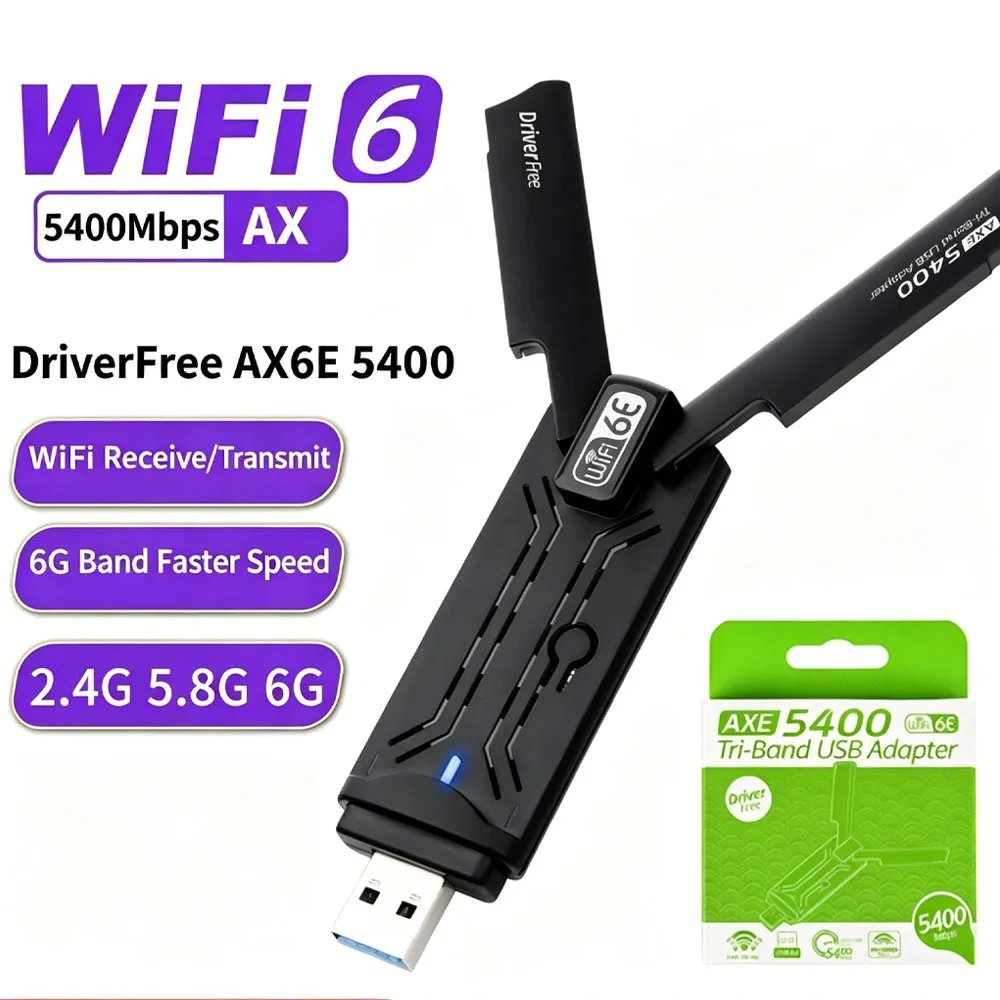 WiFi6E AX5400 USB3.0 Adapter Triple Band 2.4G/5G/6GHz Wireless Network Card 802.11AX High Gain Antenna for Laptop Win 10/11
WiFi6E AX5400 USB3.0 Adapter Triple Band 2.4G/5G/6GHz Wireless Network Card 802.11AX High Gain Antenna for Laptop Win 10/11