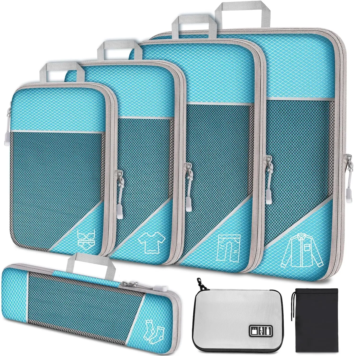 7PCS Expandable Mesh Travel Packing Cubes Set with Electronic Organizer & Drawstring Bag for Luggage Storage
7PCS Expandable Mesh Travel Packing Cubes Set with Electronic Organizer & Drawstring Bag for Luggage Storage