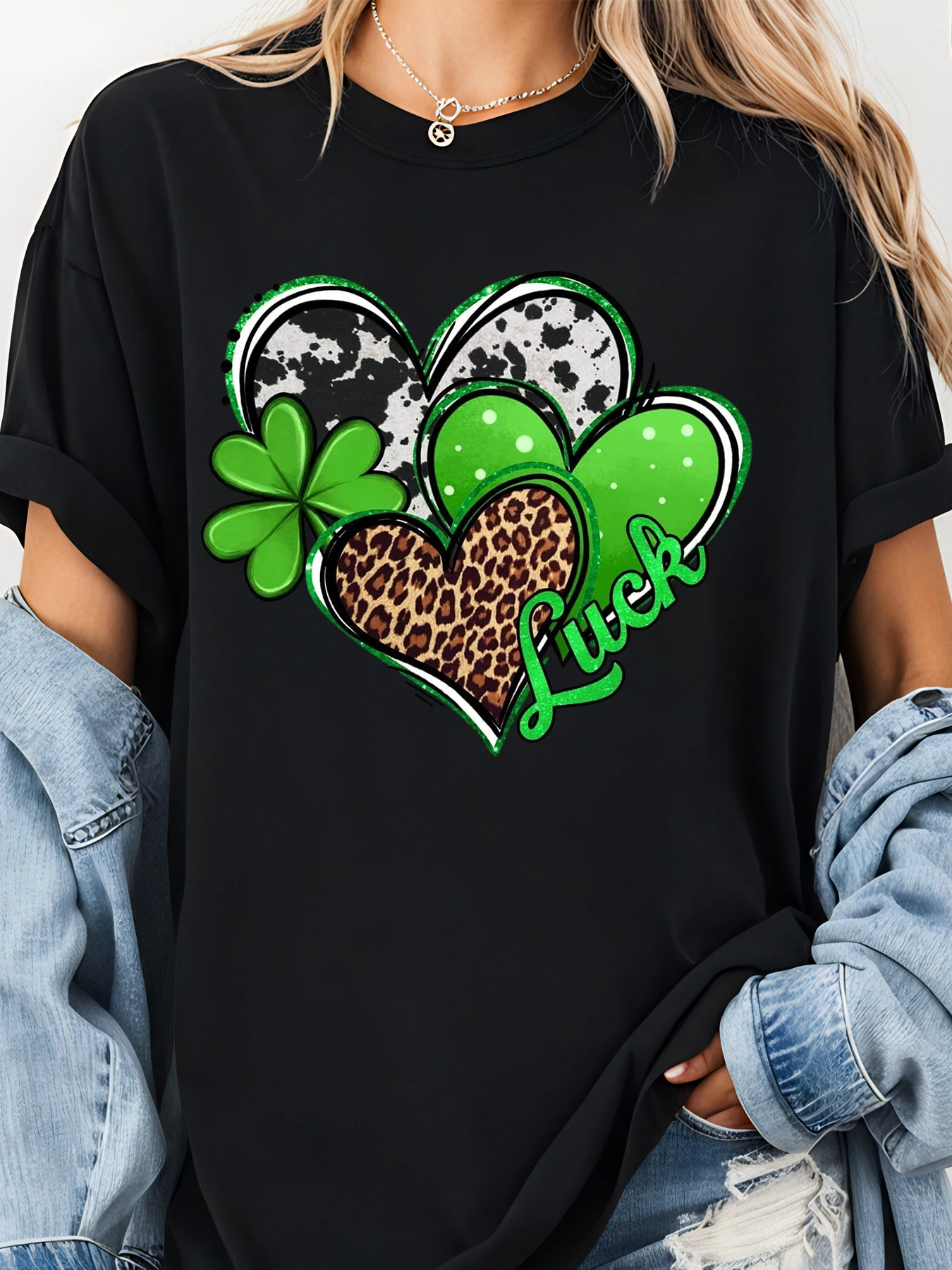 St Patrick Day Heart Print Lucky Clover Leopard Pattern Women Casual T Shirt
St Patrick Day Heart Print Lucky Clover Leopard Pattern Women Casual T Shirt