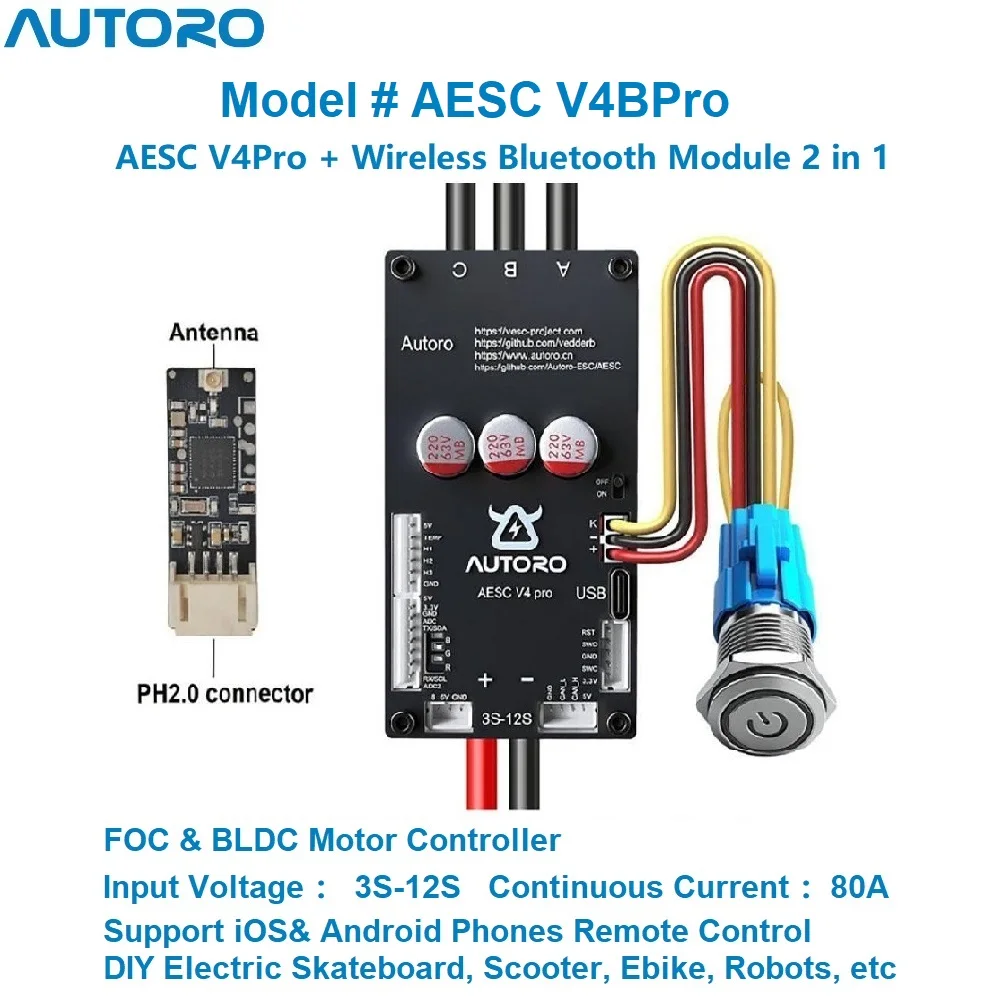 Autoro ESC V4BPRO w/ Bluetooth Module BLDC FOC Motor Controller 12S 80A Sparkless VESC for DIY Electric Skateboard Scooter Robot
Autoro ESC V4BPRO w/ Bluetooth Module BLDC FOC Motor Controller 12S 80A Sparkless VESC for DIY Electric Skateboard Scooter Robot