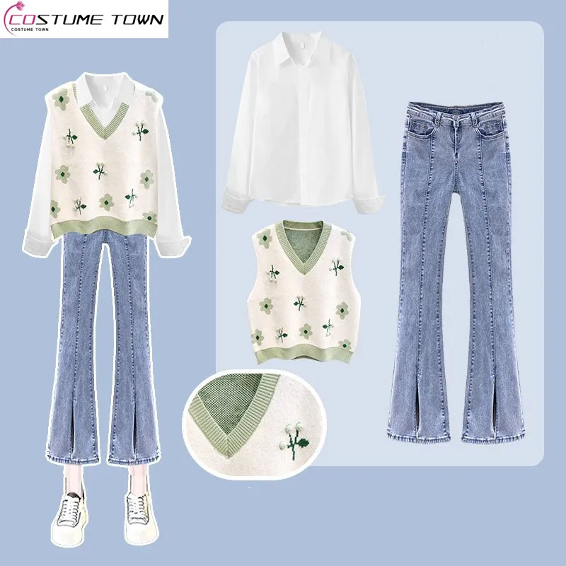 Spring and Summer Gentle Style Wear Women's 2023 New Slim Academy Style Knitted Vest White Shirt Jeans Three Piece Set
Spring and Summer Gentle Style Wear Women's 2023 New Slim Academy Style Knitted Vest White Shirt Jeans Three Piece Set