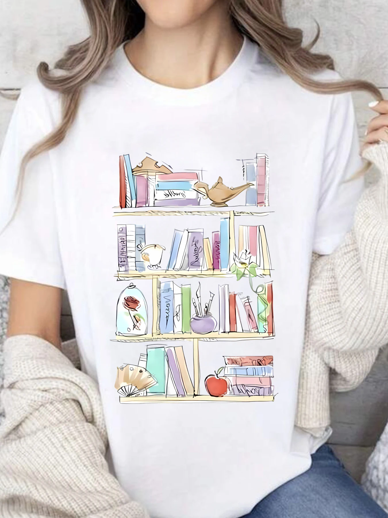 Bookshelf Plus size women's round neck short sleeve T-shirt with elastic half sleeves and trendy prints
Bookshelf Plus size women's round neck short sleeve T-shirt with elastic half sleeves and trendy prints
