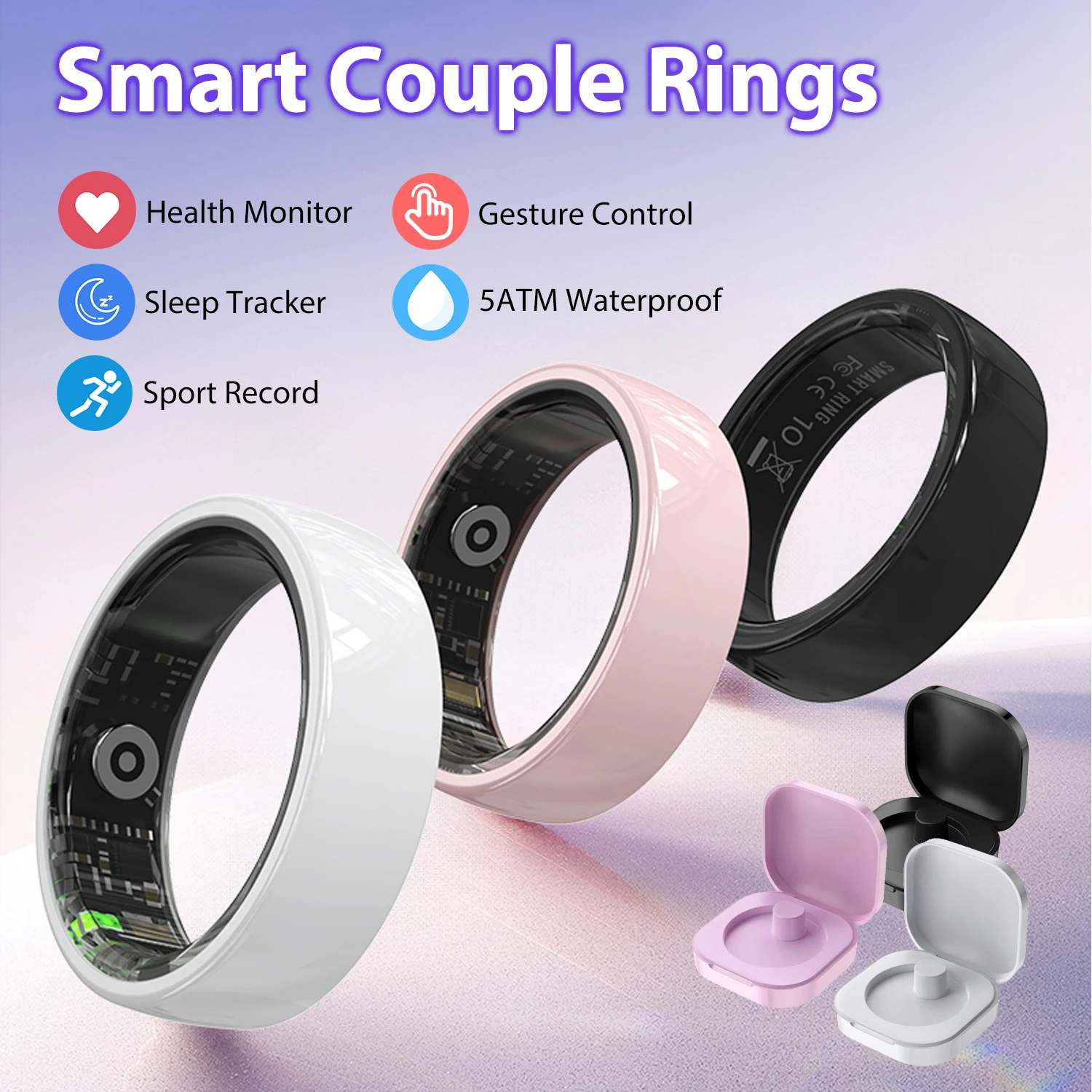 New R12 Couple Smart Ring with Charging Case, Gesture Control, Health Heart Rate Sleep Monitor, 5ATM Waterproof Sport Smart Ring
New R12 Couple Smart Ring with Charging Case, Gesture Control, Health Heart Rate Sleep Monitor, 5ATM Waterproof Sport Smart Ring