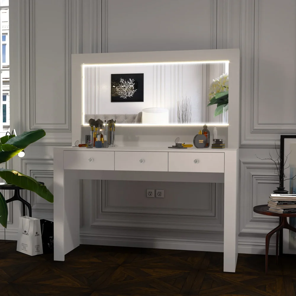Modern White Vanity Table with LED Lights, 3 drawers and Crystal Knobs for Bedroom
Modern White Vanity Table with LED Lights, 3 drawers and Crystal Knobs for Bedroom