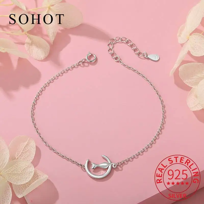 Real 925 Sterling Silver Cute Cat Moon Ajustable Chain Charm Bracelet for Women Animal Fine Jewelry Personality Accessories 
Real 925 Sterling Silver Cute Cat Moon Ajustable Chain Charm Bracelet for Women Animal Fine Jewelry Personality Accessories
