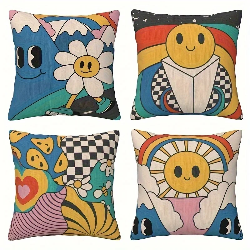 4Pcs Y2K Hippie Throw Pillow Covers with Hand Drawn Colorful Abstract Smiley Floral Wave Art Cushion Cases for Balcony Holiday
4Pcs Y2K Hippie Throw Pillow Covers with Hand Drawn Colorful Abstract Smiley Floral Wave Art Cushion Cases for Balcony Holiday