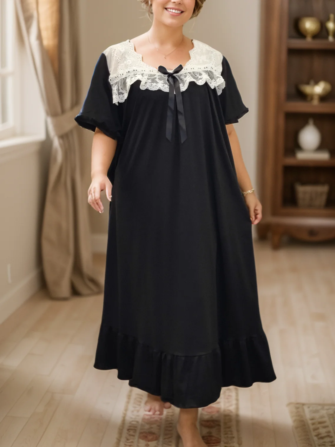 Big Size Woman Sexy White Lace Nightgown - Black Bow Decorated Short Sleeve Loose Sleepwear for Party & Home
Big Size Woman Sexy White Lace Nightgown - Black Bow Decorated Short Sleeve Loose Sleepwear for Party & Home