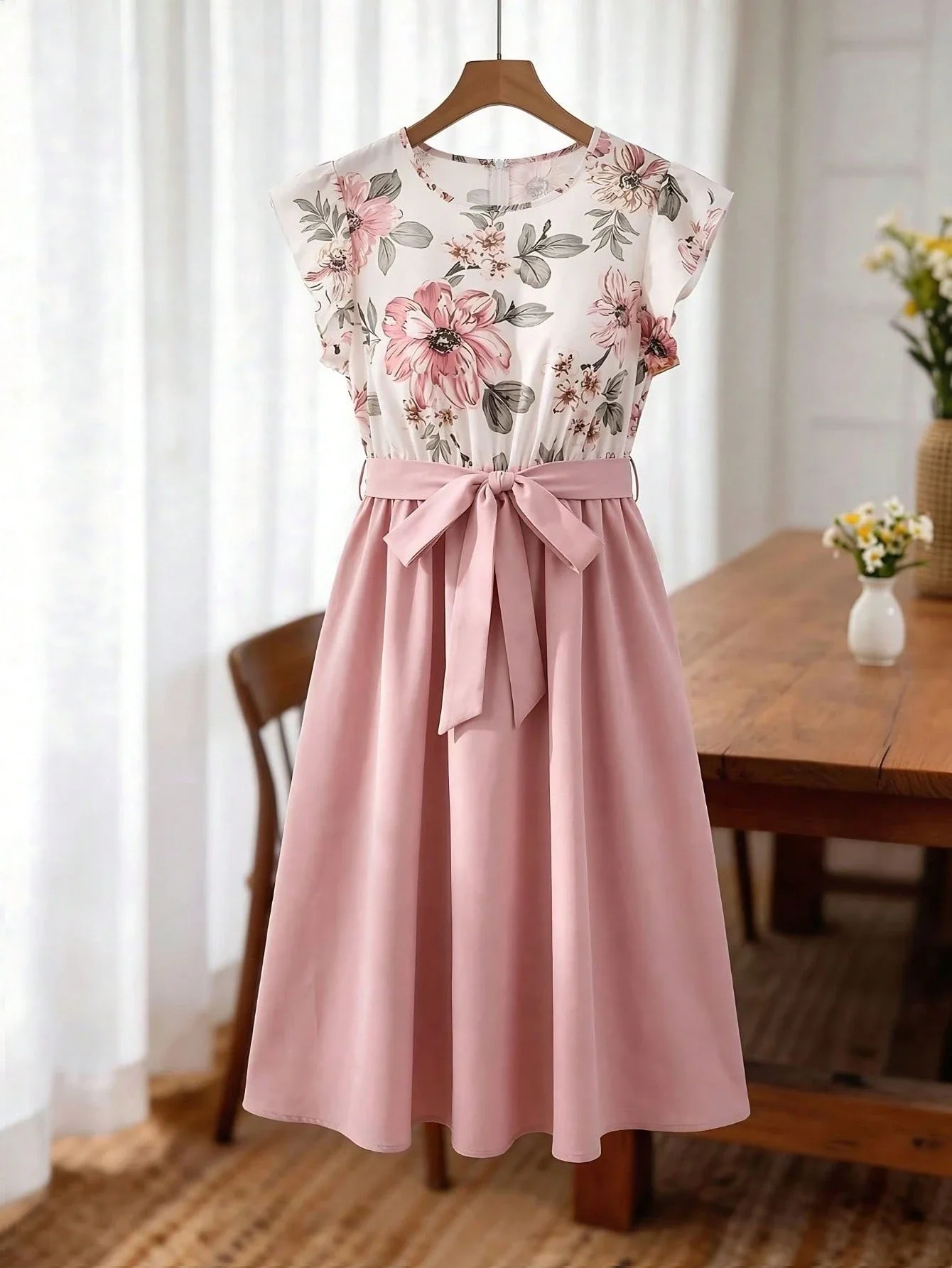 Floral Print Round Neck Cap Sleeve Midi Dress With Bow Belt For Women
Floral Print Round Neck Cap Sleeve Midi Dress With Bow Belt For Women