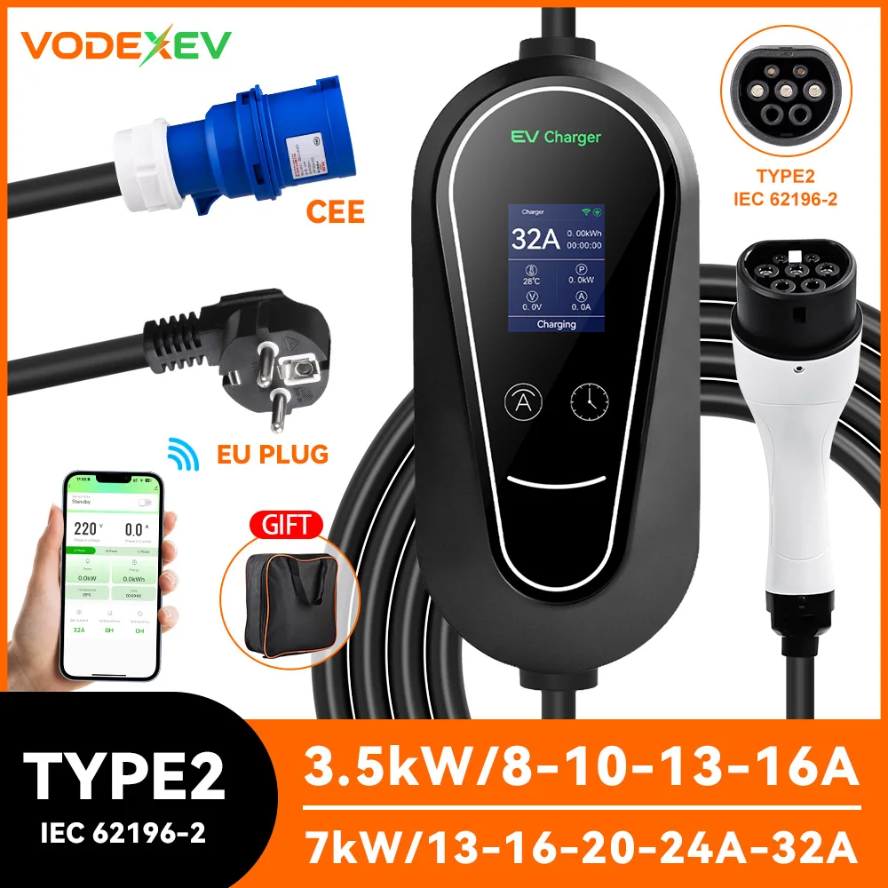 VODEXEV 3.5KW 7KW Type2 Portable EV Charger 16A 32A 1Phase APP Control 2.8" Display Schedule Charging for Home Travel
VODEXEV 3.5KW 7KW Type2 Portable EV Charger 16A 32A 1Phase APP Control 2.8" Display Schedule Charging for Home Travel