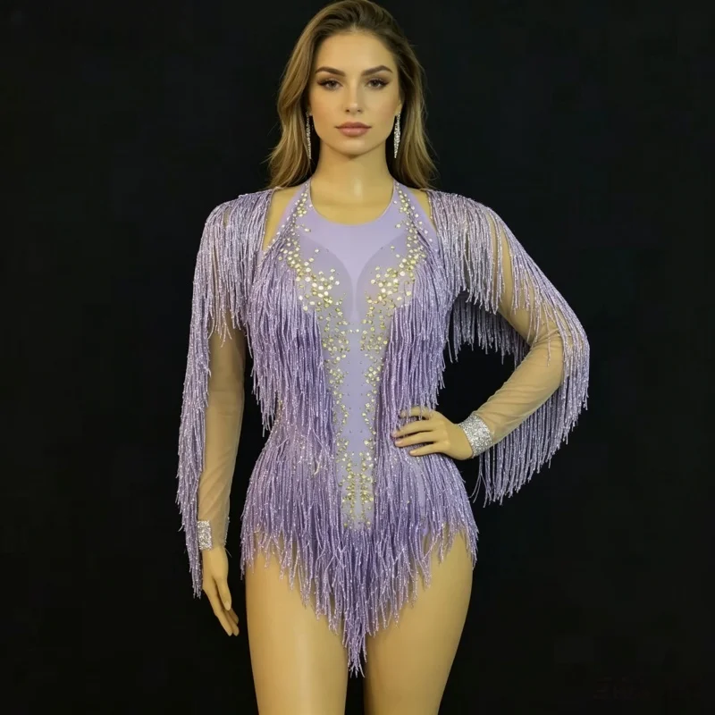 Purple Tassel Rhinestones Bodysuit Fringes Shawl Sleeve Outfits Nightclub Bar Rave Stage Wear DJ Jazz Dance Performance Costume
Purple Tassel Rhinestones Bodysuit Fringes Shawl Sleeve Outfits Nightclub Bar Rave Stage Wear DJ Jazz Dance Performance Costume