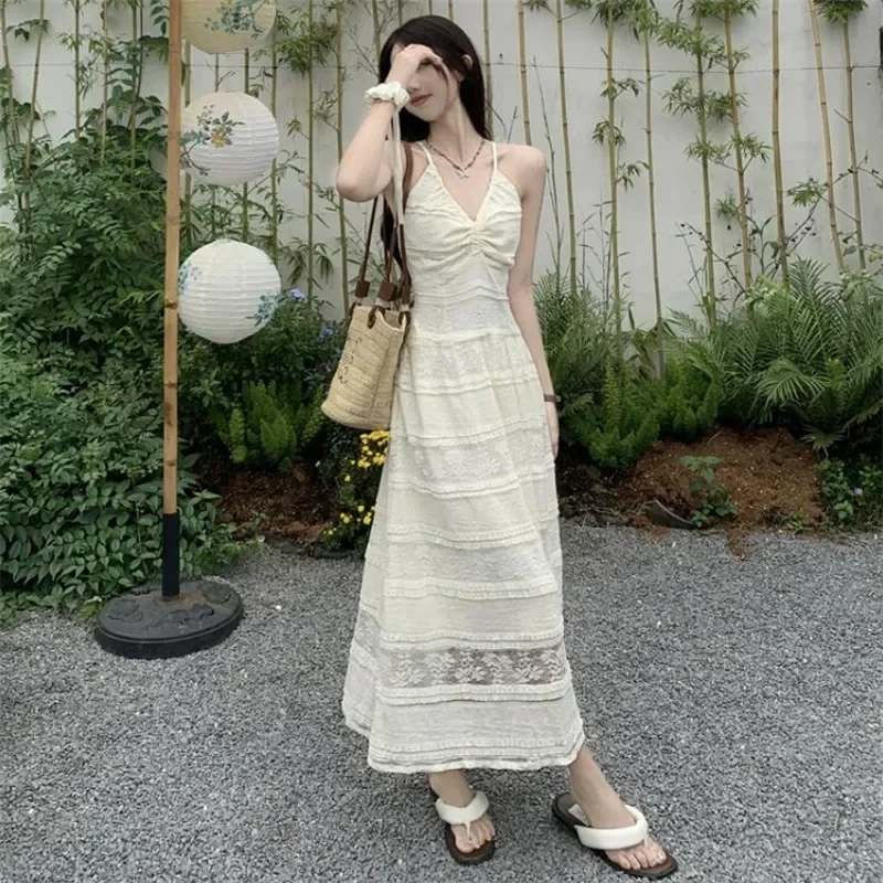 Fashion Women V Neck Summer Holiday Dress Strap Halter Backless Lace Slim A Line Dress Beige Beach Seaside Midi Fairy Dress
Fashion Women V Neck Summer Holiday Dress Strap Halter Backless Lace Slim A Line Dress Beige Beach Seaside Midi Fairy Dress