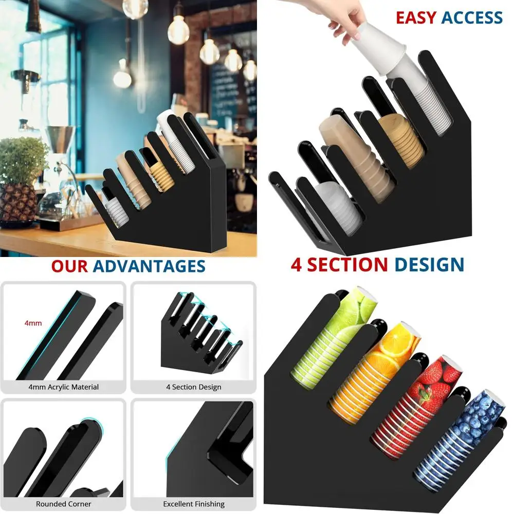 Slanted 4-Compartment Acrylic Cup and Lid Holder for Disposable Coffee Cups, Black
Slanted 4-Compartment Acrylic Cup and Lid Holder for Disposable Coffee Cups, Black