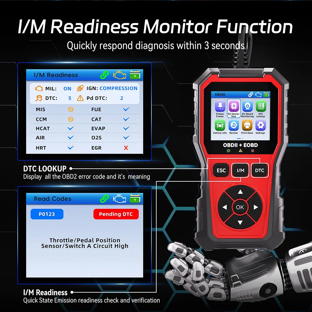 Car OBD2 Scanner KW330 for Engine Diagnostics Real-Time Sensor Data Stream Battery Voltage Test and I/M Status Check
Car OBD2 Scanner KW330 for Engine Diagnostics Real-Time Sensor Data Stream Battery Voltage Test and I/M Status Check
