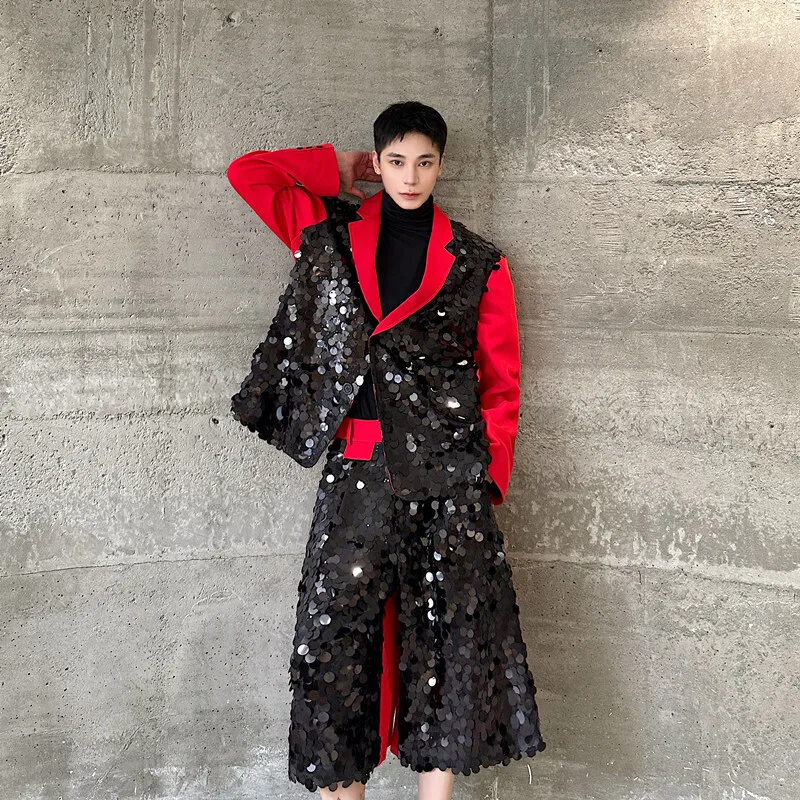 Stage Style Men's Suit Sequins Lapel Single Breasted Contrast Color Blazers Straight Wide Leg Shorts Niche Design
Stage Style Men's Suit Sequins Lapel Single Breasted Contrast Color Blazers Straight Wide Leg Shorts Niche Design