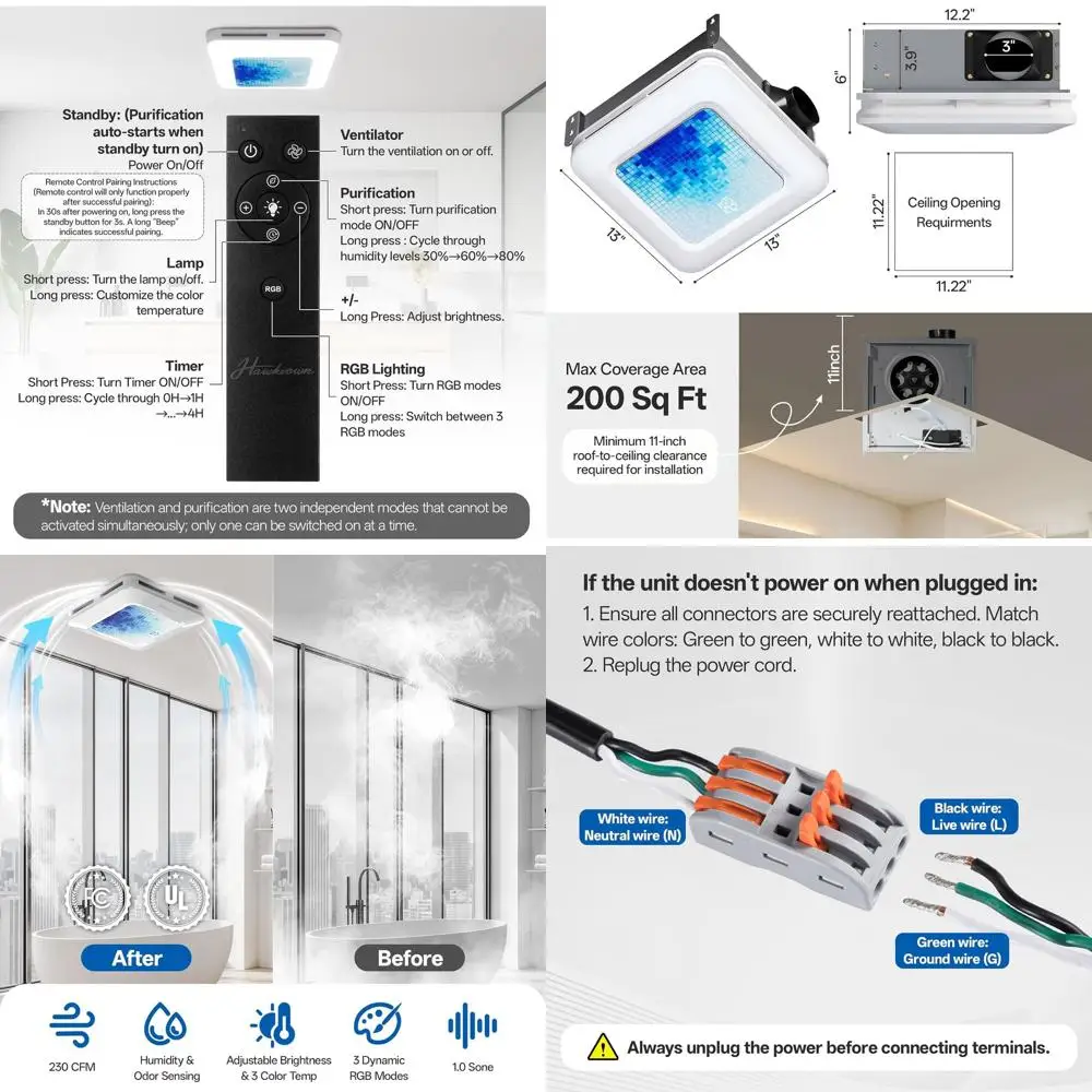 Smart Bathroom Exhaust Fan with 230 CM 1.0 Sone Ventilation, 3-Light & 3CCT Adjustable, 11.22” x 11.22” Mount, Remote Control
Smart Bathroom Exhaust Fan with 230 CM 1.0 Sone Ventilation, 3-Light & 3CCT Adjustable, 11.22” x 11.22” Mount, Remote Control