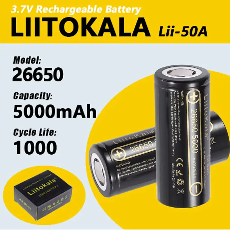 LiitoKala lii-50A 26650 5000mah lithium battery 3.7V 5000mAh rechargeable battery suitable for flashligh
LiitoKala lii-50A 26650 5000mah lithium battery 3.7V 5000mAh rechargeable battery suitable for flashligh