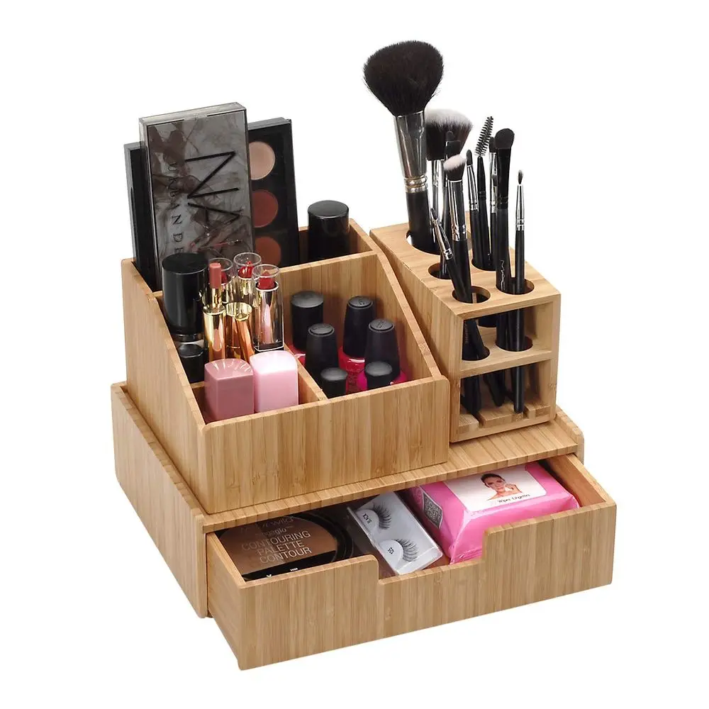 Bamboo Makeup Organizer Complete Combo Which INCLUDES: 5 Section Brush Holder, 4 Compartment Cosmetic Caddy & Drawer for added e
Bamboo Makeup Organizer Complete Combo Which INCLUDES: 5 Section Brush Holder, 4 Compartment Cosmetic Caddy & Drawer for added e
