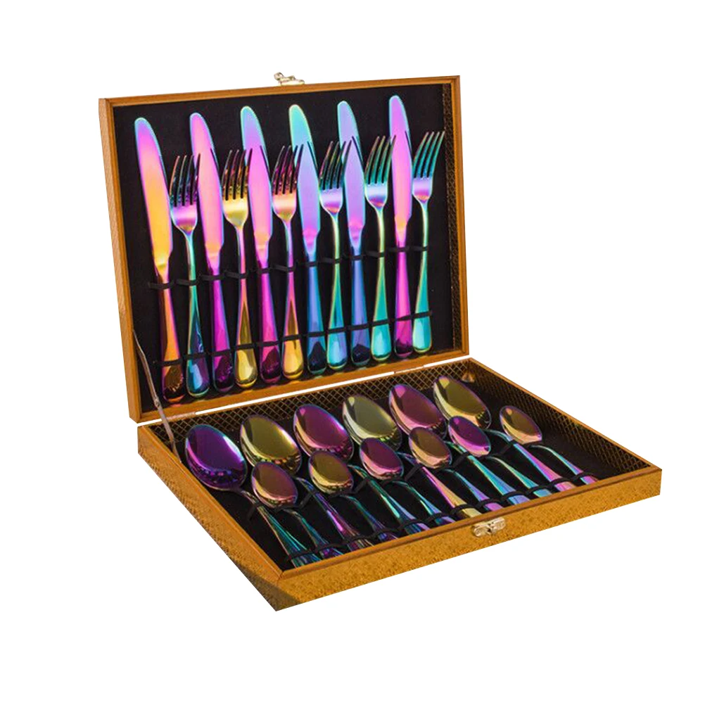 24Pcs Stainless Steel Dinnerware Set Western Tableware Supplies Colorful Cutlery Suit Luxury Wooden Box Anti Corrosion for Home
24Pcs Stainless Steel Dinnerware Set Western Tableware Supplies Colorful Cutlery Suit Luxury Wooden Box Anti Corrosion for Home