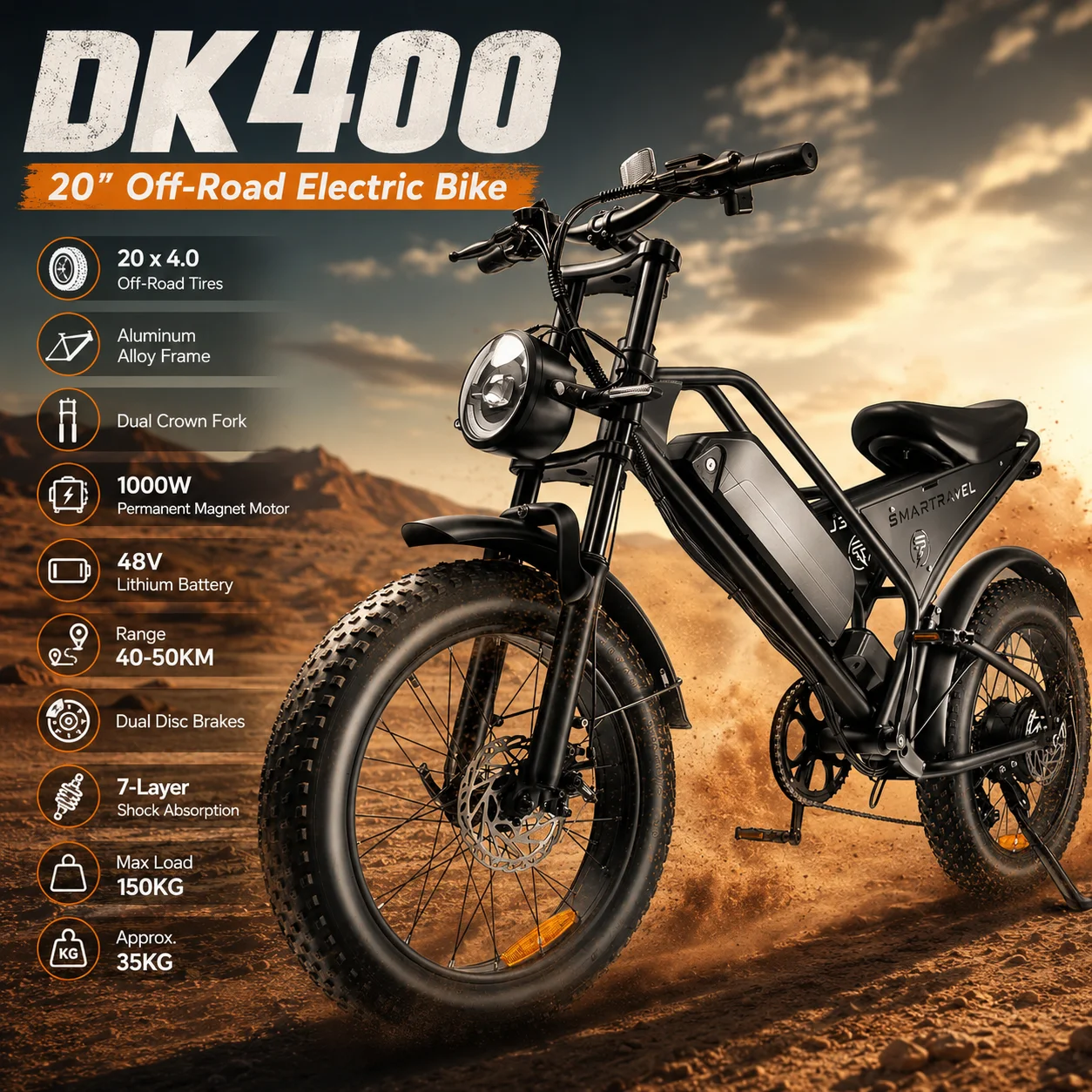 DK400 20 Inch Off Road E-Bike for Adults 1000W Motor 48V Lithium Battery Fat Tires Dual Disc Brakes and Strong Suspension
DK400 20 Inch Off Road E-Bike for Adults 1000W Motor 48V Lithium Battery Fat Tires Dual Disc Brakes and Strong Suspension