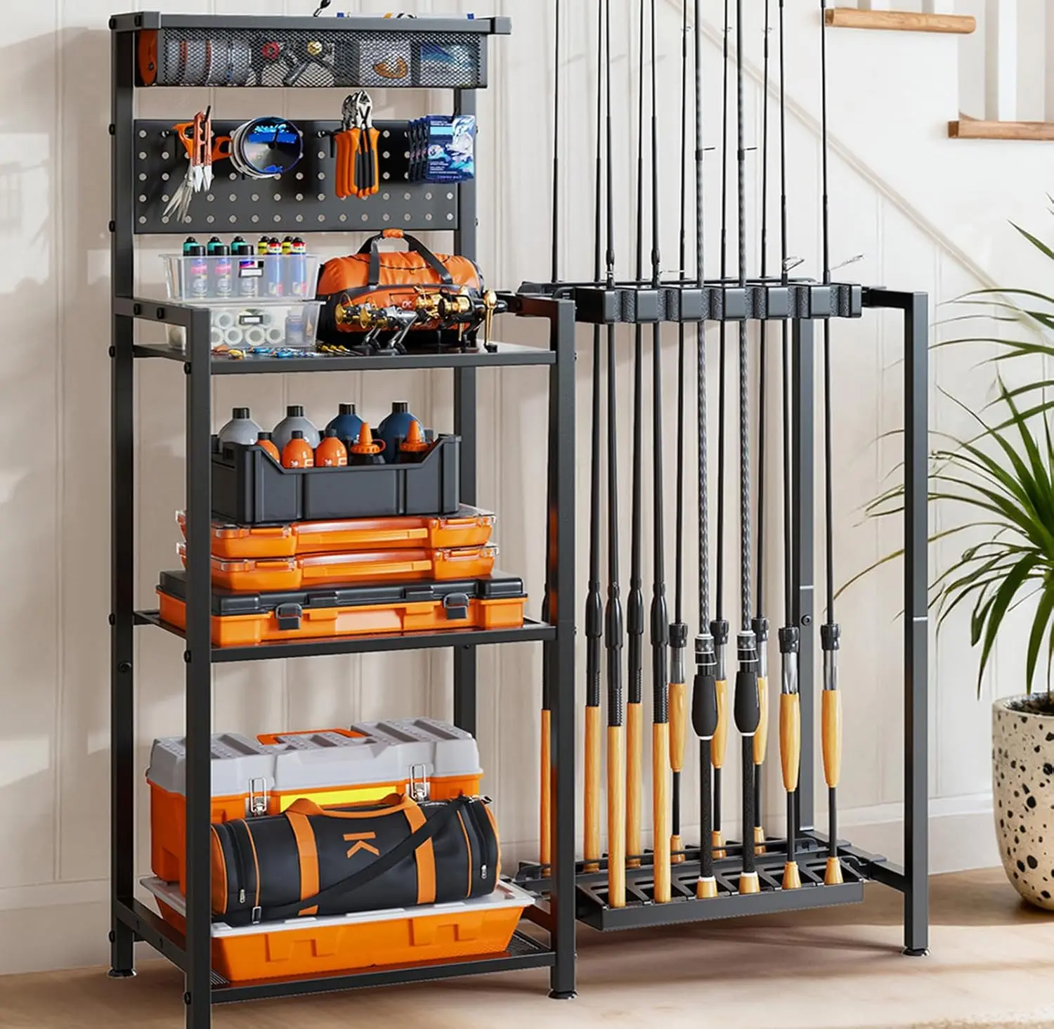 Fishing Rod Holders for Garage, Heavy Duty Freestanding Rack with 3 Tier Shelf and Pegboard, Holds up to 12 Rods, Black
Fishing Rod Holders for Garage, Heavy Duty Freestanding Rack with 3 Tier Shelf and Pegboard, Holds up to 12 Rods, Black
