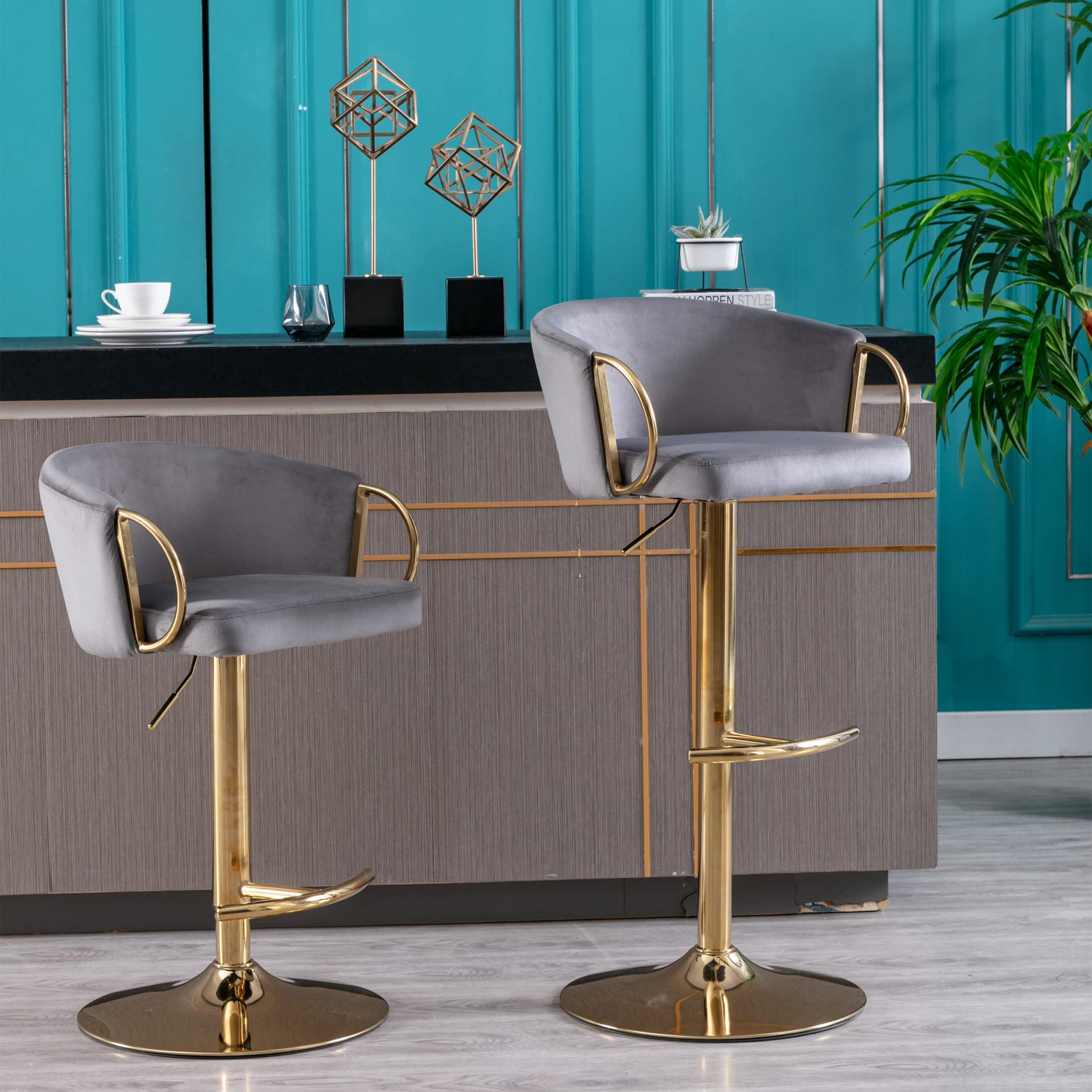 Swivel Bar Stools Set of 2 with Chrome Footrest, Height Adjustable Velvet + Golden Leg Simple Design Grey
Swivel Bar Stools Set of 2 with Chrome Footrest, Height Adjustable Velvet + Golden Leg Simple Design Grey